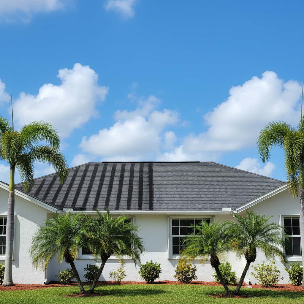 South Florida residential home with asphalt shingle roof showing black algae streaks