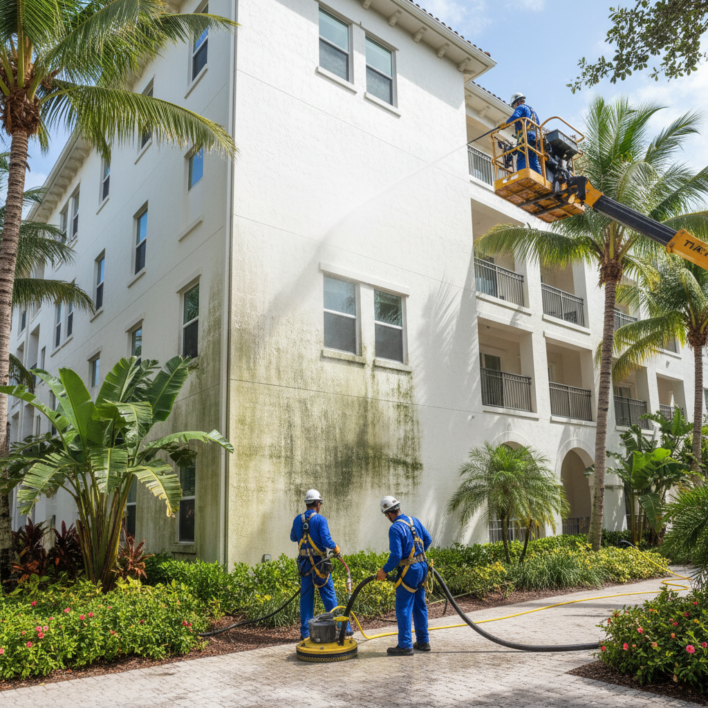 Professional commercial pressure washing crew servicing a South Florida HOA condominium building
