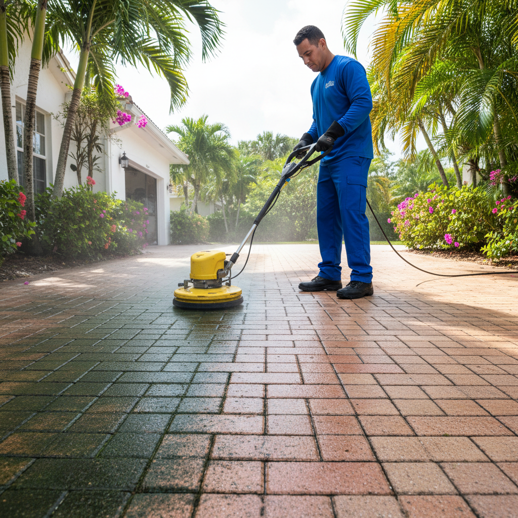 Professional pressure washer removing green algae from brick paver driveway in South Florida