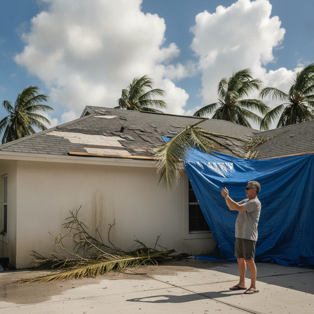 South Florida home with hurricane roof damage and emergency blue tarp installed