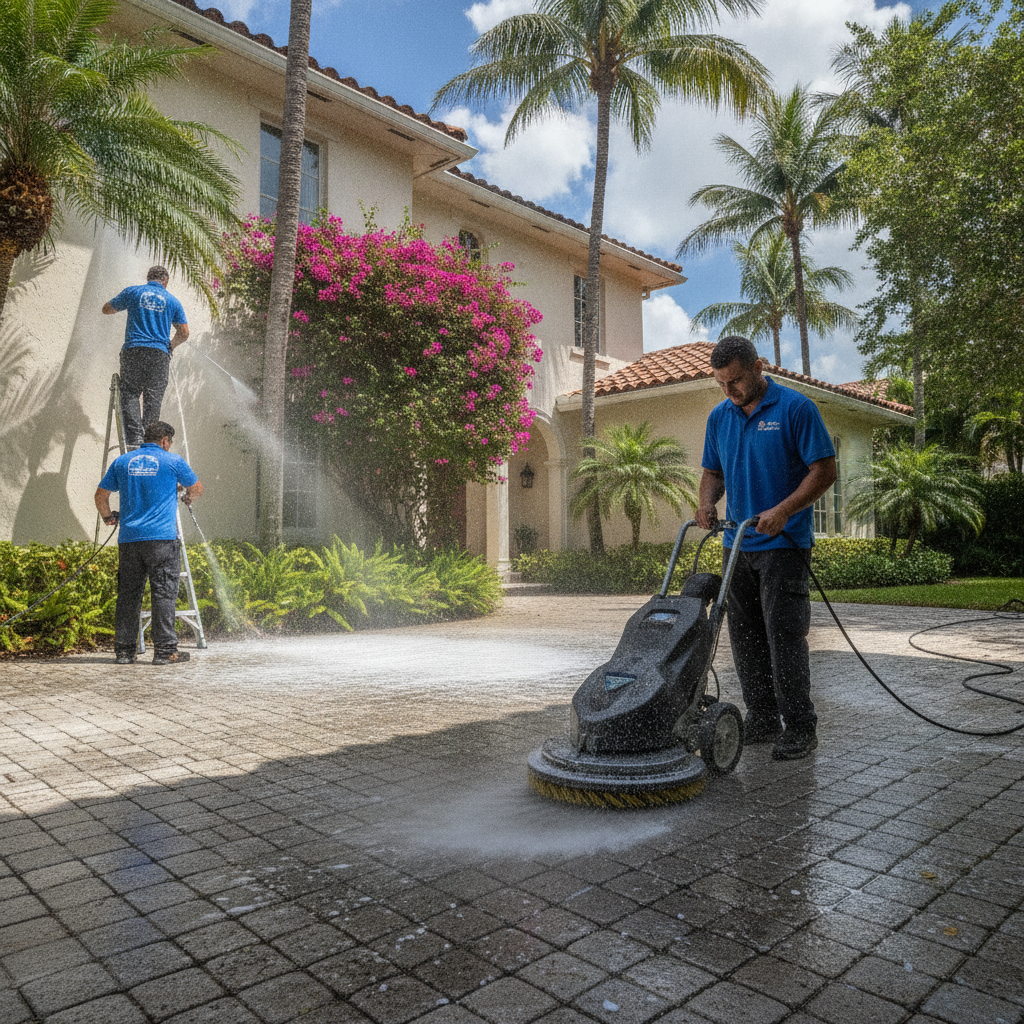 Professional pressure washing crew working on a Miami residential property with paver driveway and Mediterranean-style home
