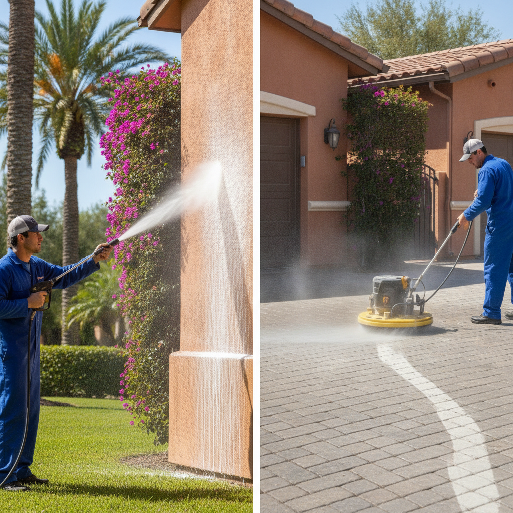 Split image comparing soft wash technique on stucco wall versus pressure washing surface cleaner on paver driveway